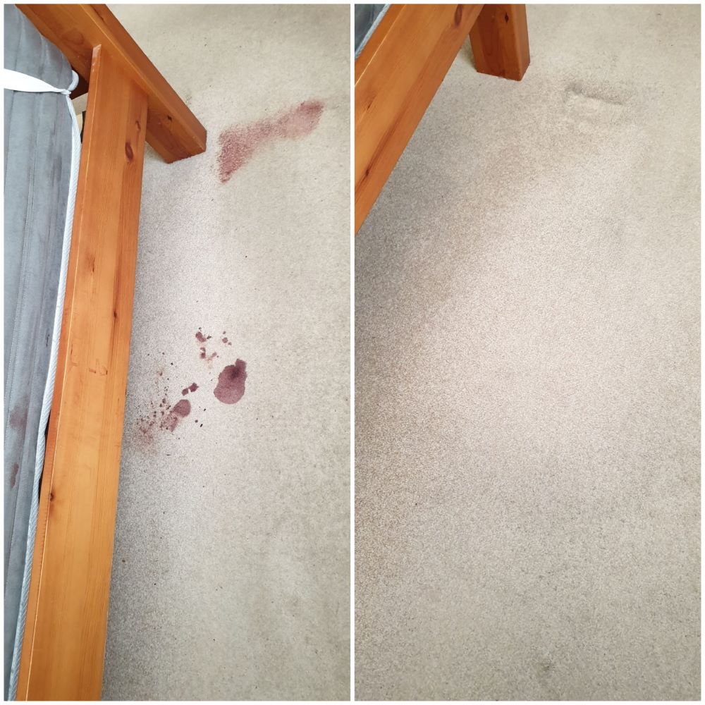 Wine stain on cream carpet before and after cleaning