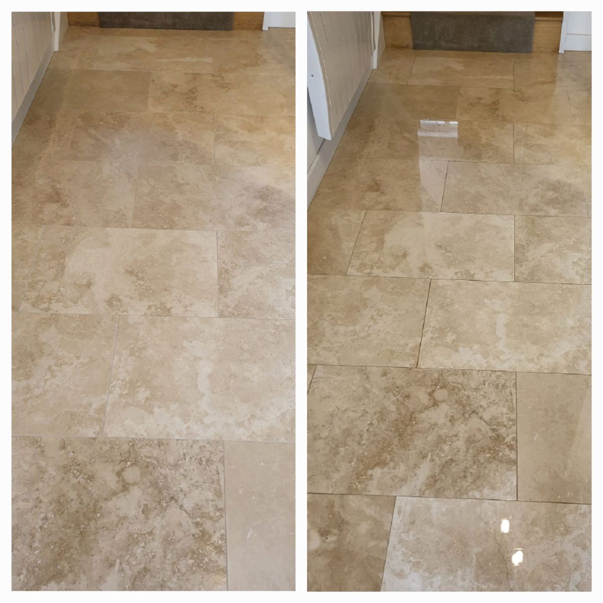Domestic tiled floor before and after cleaning