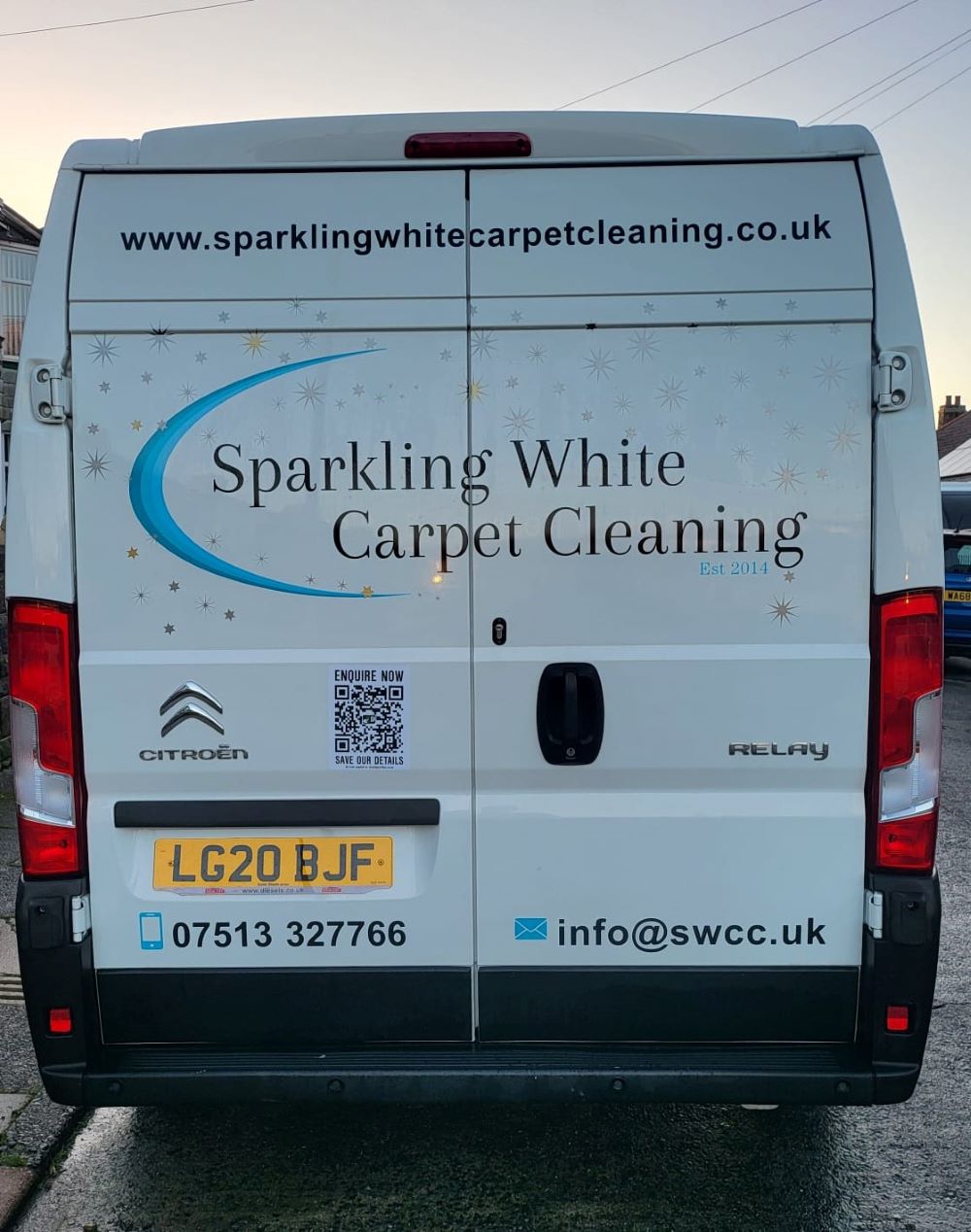 Sparkling White Carpet CleaningVan with QR Code